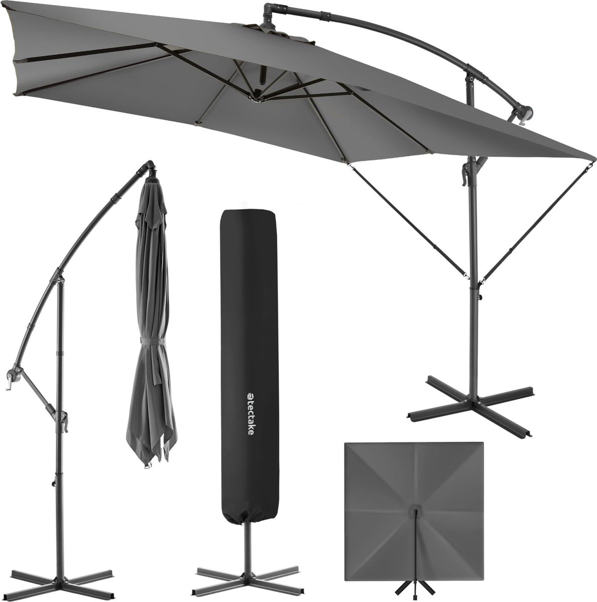 Bol.com tectake® - Parasol Apollon vierkant 250 x 250 cm - Incl. windbeveiliging en beschermhoes - grijs aanbieding
