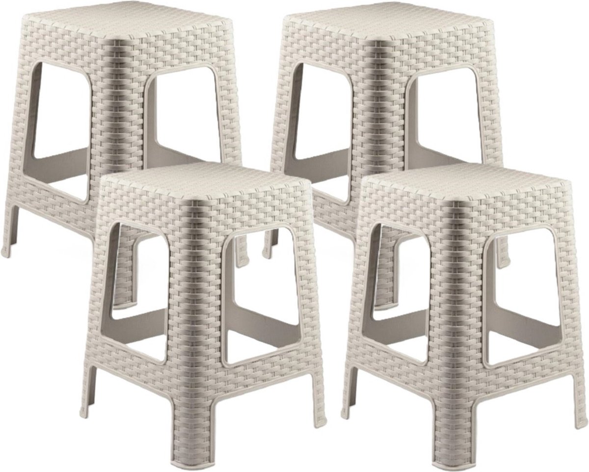 Plasticforte zit/bijzet krukje - 4x - Rotan line - beige - kunststof - 28 x 28 x 45 cm - opstapje