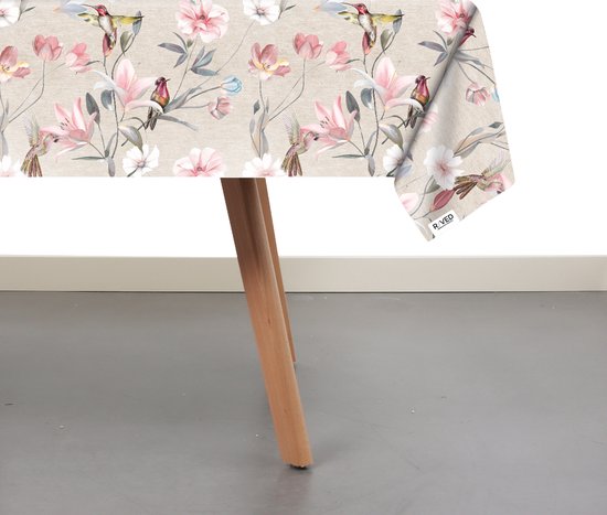 Nappe Raved en Katoen Vogels 140 cm x 350 cm - Rose - Fleurs - Déperlante - Lavable