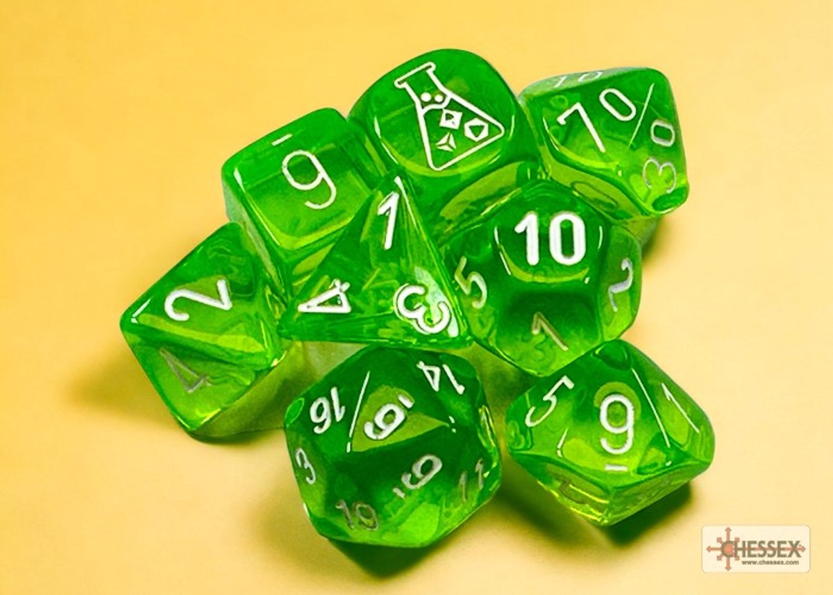 Chessex Translucent Polyhedral Rad Green/white Dobbelsteen Set (7 stuks + 1 bonus)