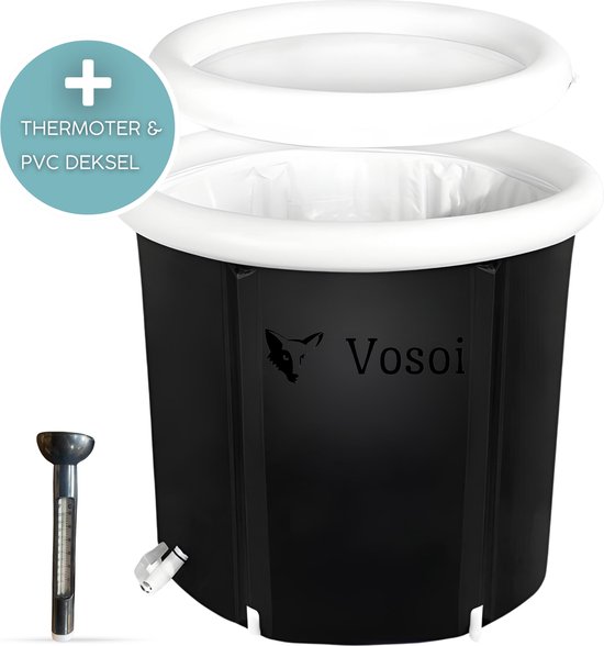 Vosoi Opblaasbaar bad - Bath Bucket - Ijsbad - Ice Bath - Inklapbaar Bad - Zitbad - Incl. Thermometer en PVC Deksel - Zwart