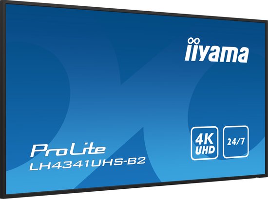 Zwarte Iiyama ProLite LH4341UHS-B2 monitor met blauwe achtergrond. Toont "4K UHD" en "24/7".