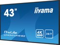 Zwarte Iiyama ProLite LH4341UHS-B2 monitor met blauwe achtergrond. Toont "43"", "4K UHD" en "24/7".