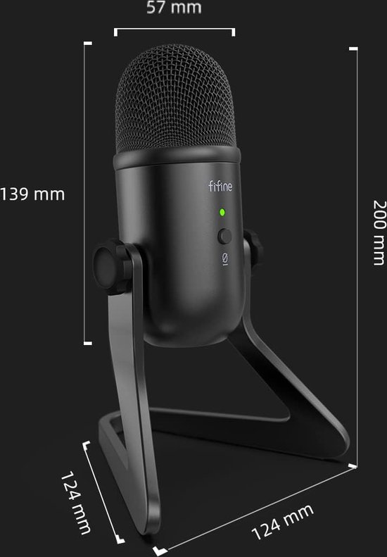 Zwarte Fifine K678 microfoon met standaard, inclusief afmetingen.