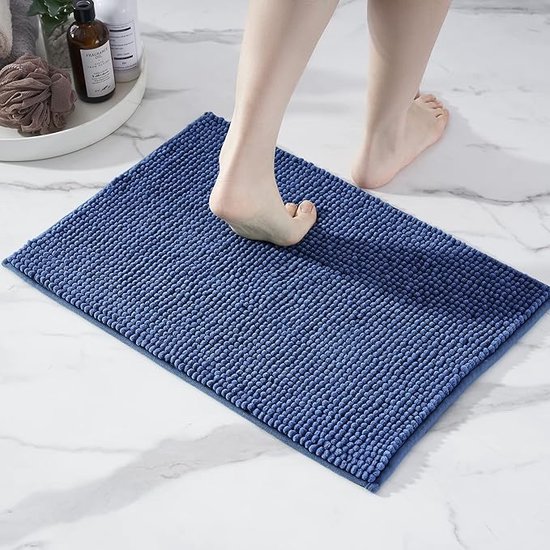 Badmat Anti-Slip av soft Chenille | Super absorberend en machinewasbaar | Te combineren als badmat set | Voor de badkamer, douche, bad of als WC mat | Blauw - 40x60 cm