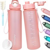 Drinkfles, 1 liter, BPA-vrij, sportfles, geschikt voor koolzuurhoudende dranken, lekvrij, motiverende bidon met filter voor fietsen, fitness, wandelen en school