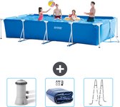 Piscine à cadre rectangulaire Intex - 450 x 220 x 84 cm - Blauw - Pompe de filtration de piscine incluse - Couverture solaire - Ladder