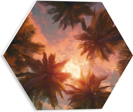 PVC Schuimplaat Hexagon - Palmbomen - Kleuren - Onderaanzicht - Zon - 30x26.1 cm Foto op Hexagon (Met Ophangsysteem)