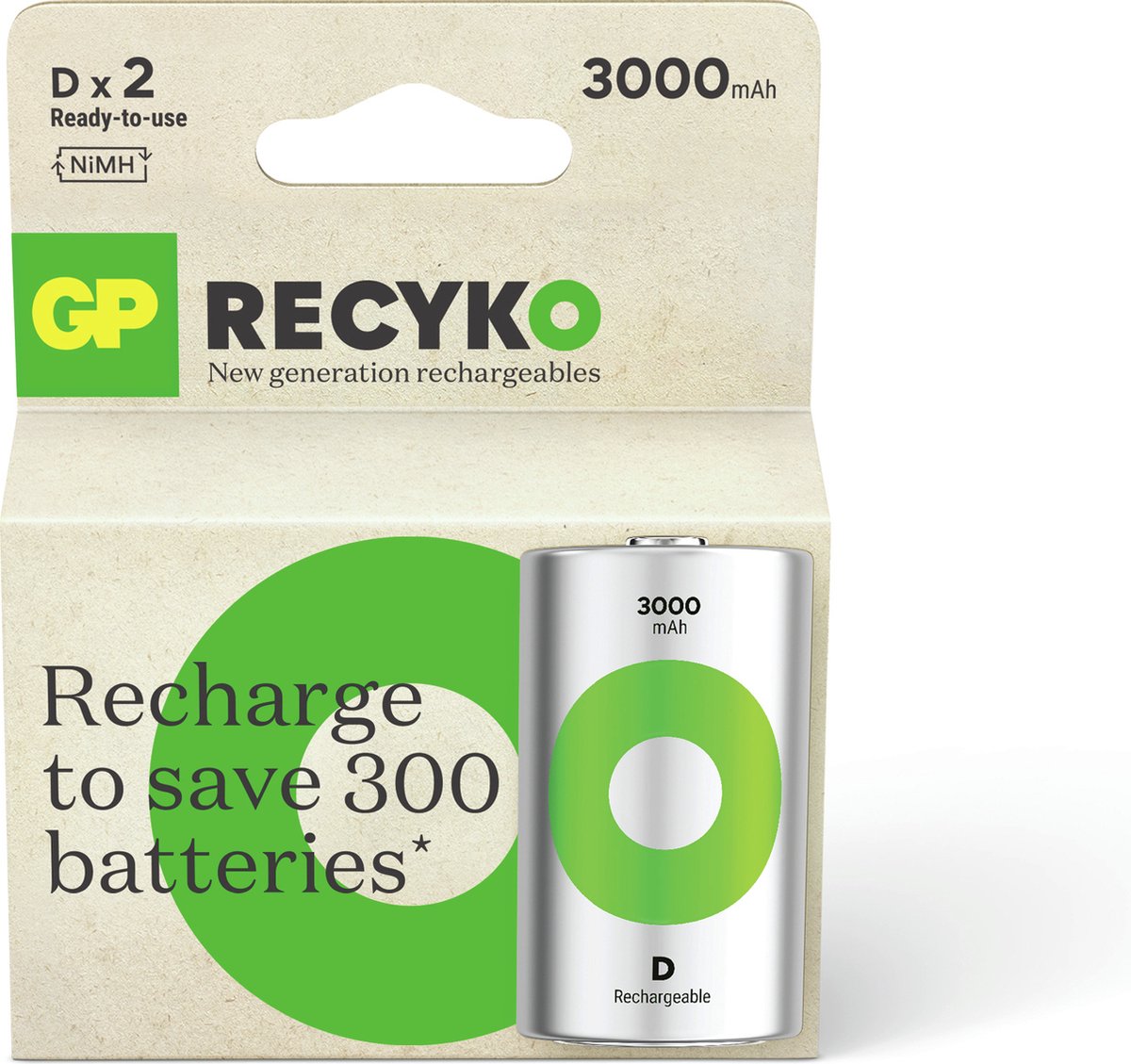 GP RECYKO D 3000mAh 2 stuks Batterij