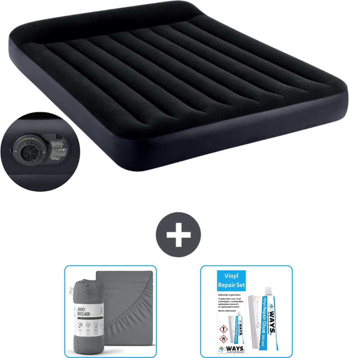 Intex Luchtbed - 2-Persoons - 152 x 203 x 25 cm - Blauw - Inclusief pomp - Hoeslaken en Reparatieset