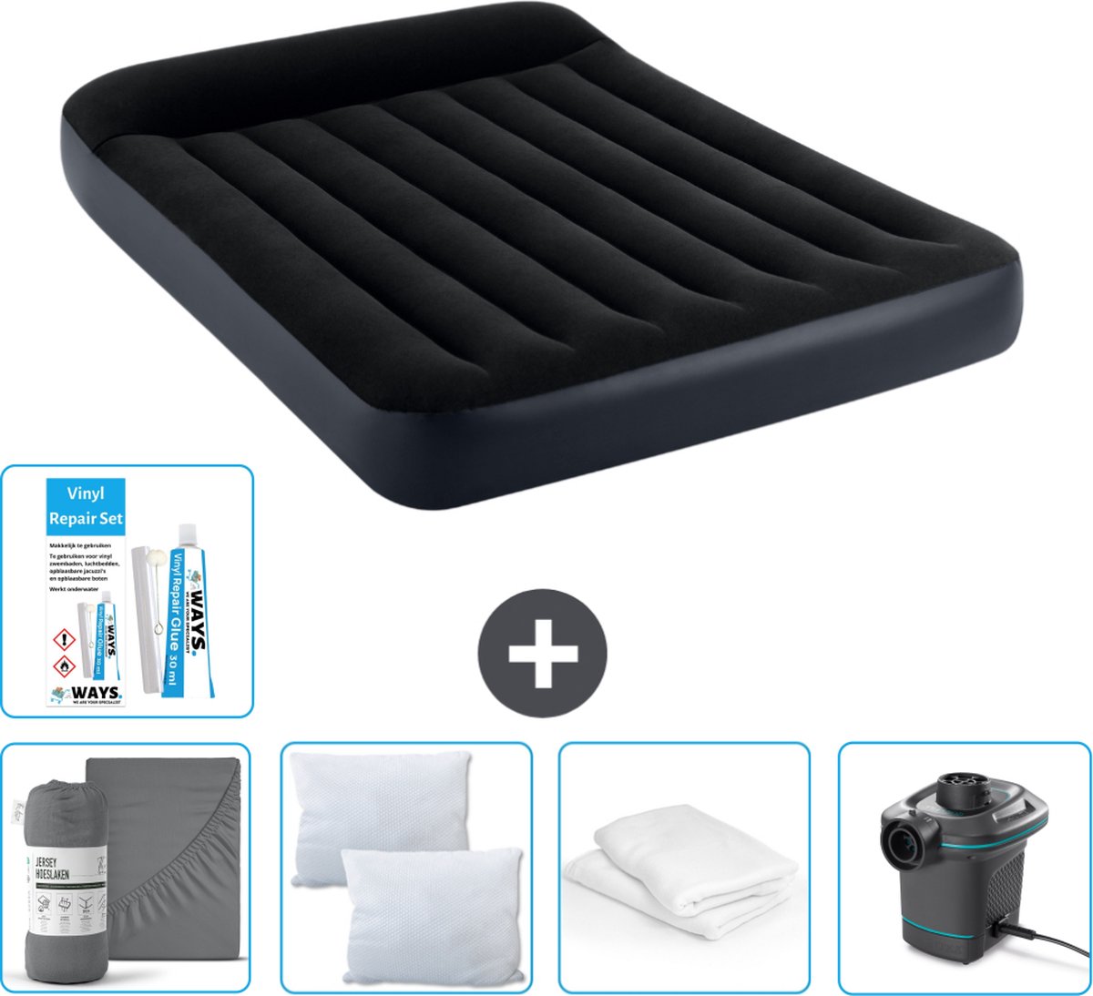 Intex Luchtbed - Twijfelaar - 137 x 191 x 25 cm - Donkerblauw - Inclusief Hoeslaken - Kussen - Pomp - Reparatieset en Kussenbeschermer