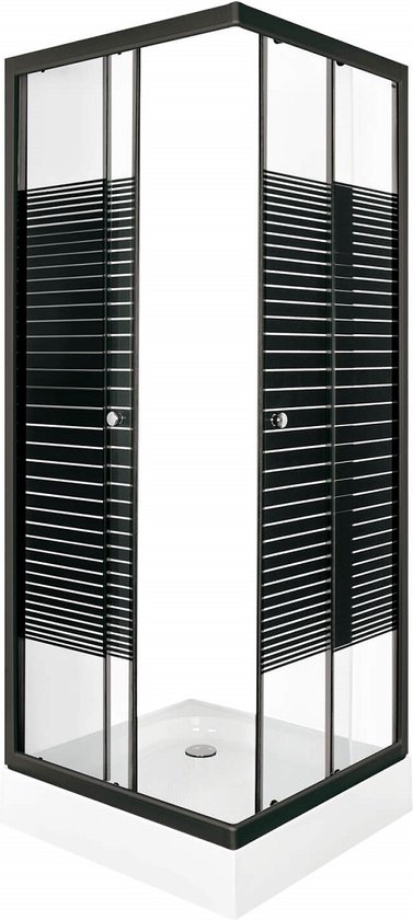 Cabine de douche noire avec panneaux en verre rayé et portes coulissantes.