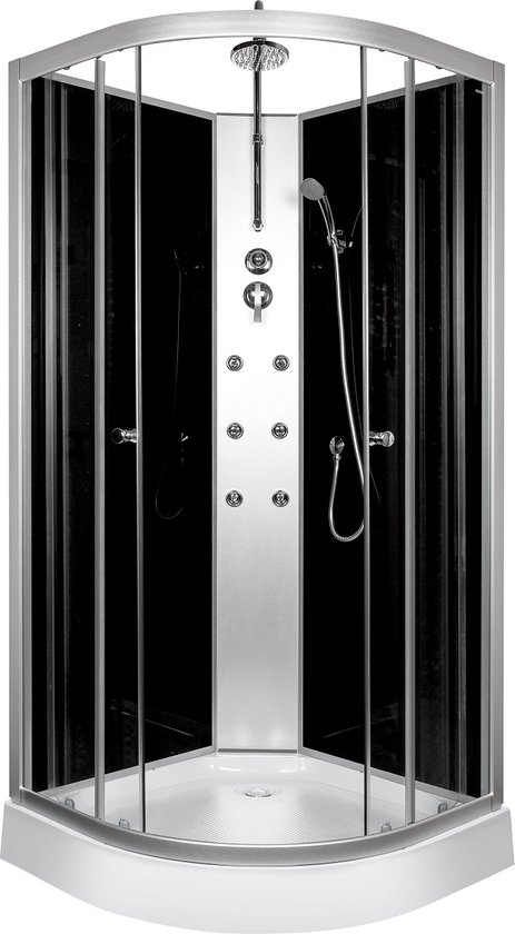 Cabine de douche complète Adamo avec parois arrière noires, portes vitrées et cadre chromé.