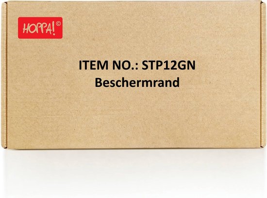 Kartonnen doos met het Hoppa! logo en de tekst 'ITEM NO.: STP12GN Beschermrand'.