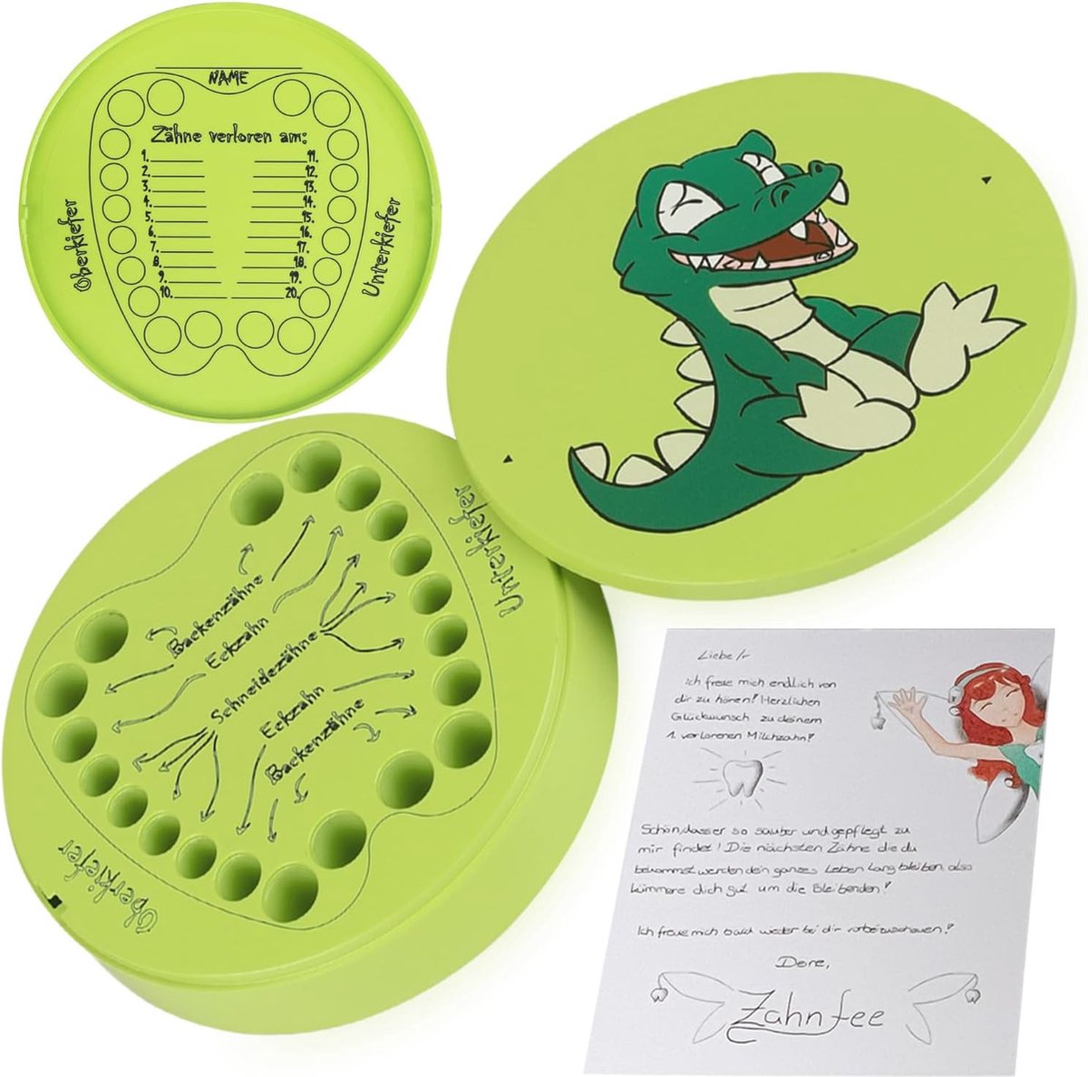 Goedkoopste Melktanddoos voor jongens en meisjes, tandendoos, melktanden, metaal, groen, dino-motief, personaliseerbaar door tanduitvalkalender in het deksel, tandbox voor melktanden, met tandenfee brief, als
