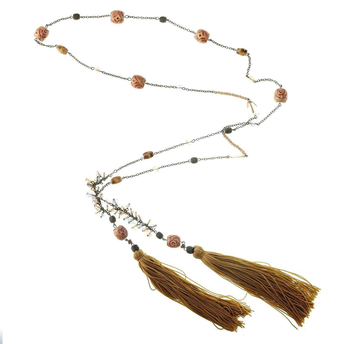 Behave - Wikkelketting bruin met kralen en kwasten - Boho chic - 175 cm