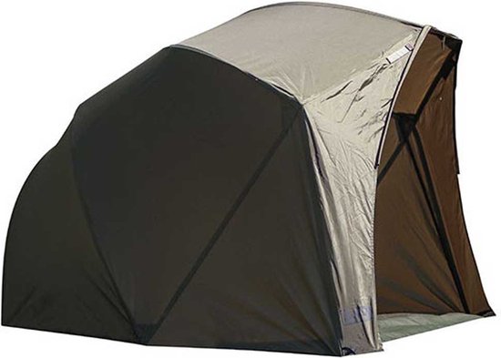 Olijfgroene en beige visbrolly, deels open, op een witte achtergrond.