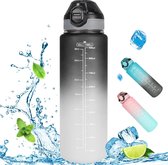 Drinkfles, 1L met geïntegreerd rietje, BPA-vrij en lekvrij ontwerp. Voorzien van tijdmarkeringen voor het bijhouden van je hydratatie, ideaal voor sport, fietsen, buitenactiviteiten en sportschoolgebruik. Beschikbaar in een stijlvol zwart/grijs desig