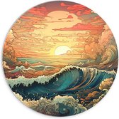 PVC Schuimplaat Muurcirkel - Schilderij - Oceaan - Zee - Golven - Zonsondergang - Wolken - Kleuren - 70x70 cm Foto op Muurcirkel (met ophangsysteem)