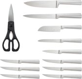 Dymund® Ensemble de couteaux avec bloc - Set de Couteaux de chef avec bloc de couteaux avec aiguiseur intégré - 14 pièces - Argent - Acier inoxydable