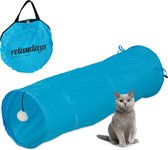 Relaxdays kattentunnel - 90 cm - polyester - met speeltje - speeltunnel katten - rond - blauw