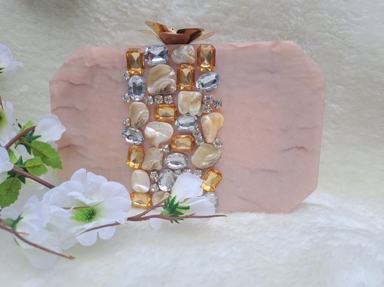 Hand–made- resin clutch in a hexagonal shape with golden sling- party clutch -evening bags - color- Light Pinkish Cream Color