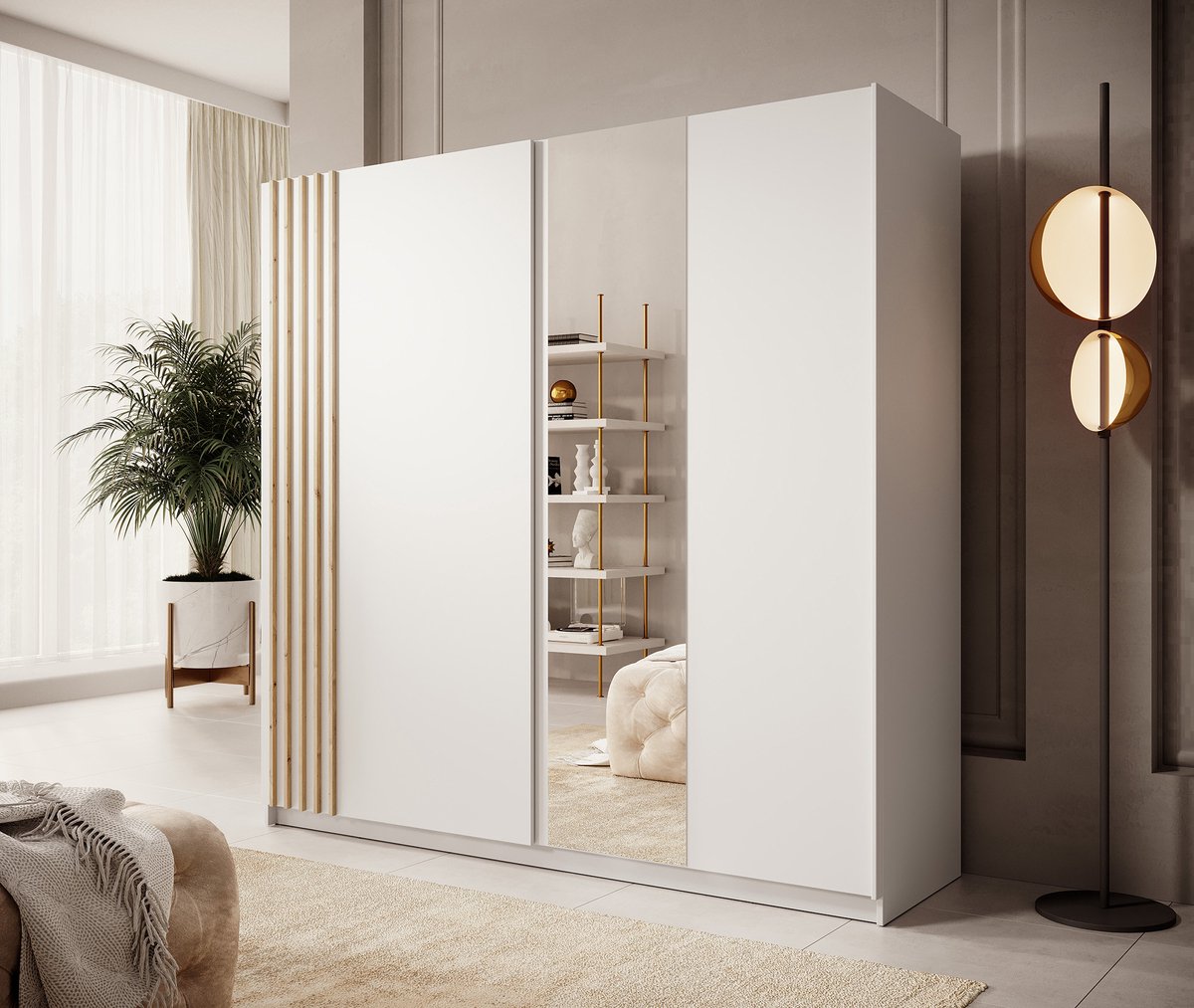 MEUBELLA Kledingkast Boets - Wit - Eiken - 200 cm - Met spiegel Bruin|Wit