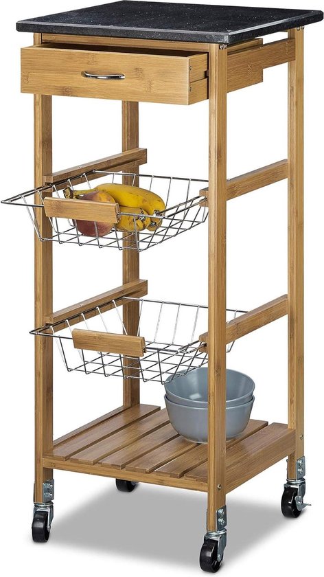 Desserte De Cuisine ALFRED En Bambou Avec Plateau Marbre - Roulante Et Pratique 37,5x37,5x82,5 Cm