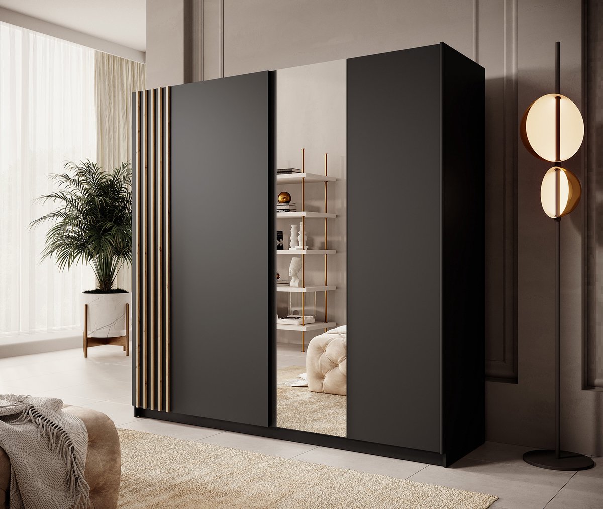 MEUBELLA Kledingkast Boets - Zwart - Eiken - 200 cm - Met spiegel Bruin|Zwart