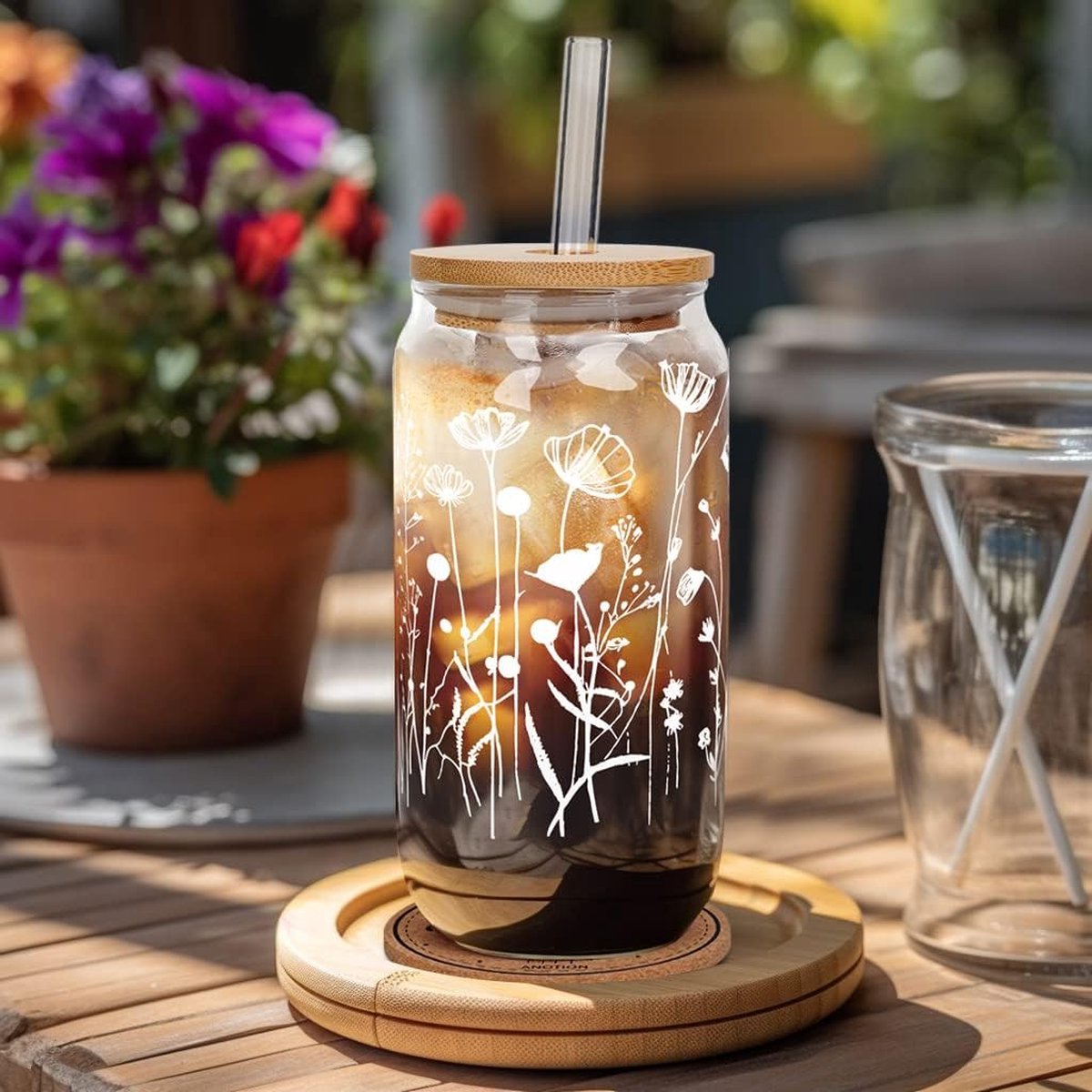 2 Tasses à Café Floral 700ml Avec Couvercle Bambou - Bocaux Mason Style | Pailles En Verre Incluses