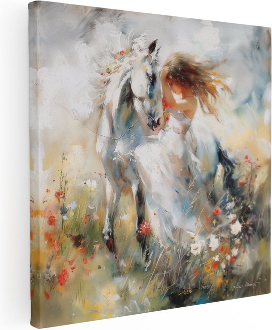 Artaza Canvas Schilderij Vrouw Rijdt op een Paard in een Veld - Foto Op Canvas - Canvas Print