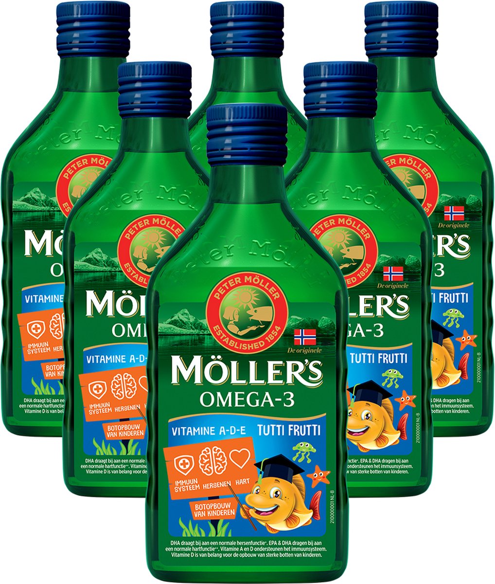 Goedkoopste Möller's Omega-3 Levertraan Tutti Frutti - 6 x 250ml - Omega-3 visolie voor kinderen - Levertraan vloeibaar – Levertraan met fruitsmaak