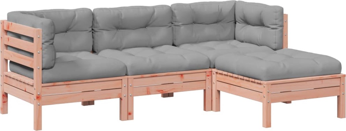 vidaXL 4-delige - Loungeset - met - kussens - massief - douglas - vurenhout grijs