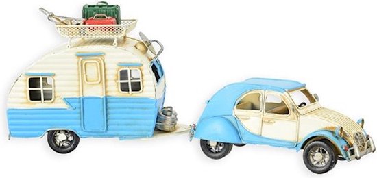 Maddeco - blikken auto met caravan - ciroen 2cv - lelijke eend - blauw met wit - blikken woondecoratie - 40 x 9.5 x 16 cm