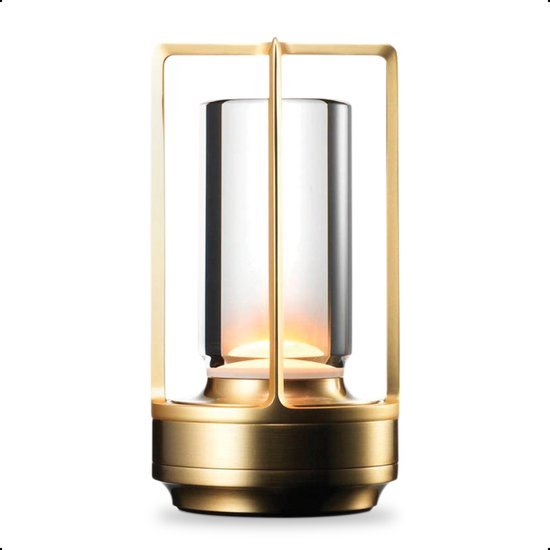 Oplaadbare tafellamp – Lantaarn – Draadloos en dimbaar – Moderne touch lamp – Nachtlamp Slaapkamer – 17.5 cm – Goud
