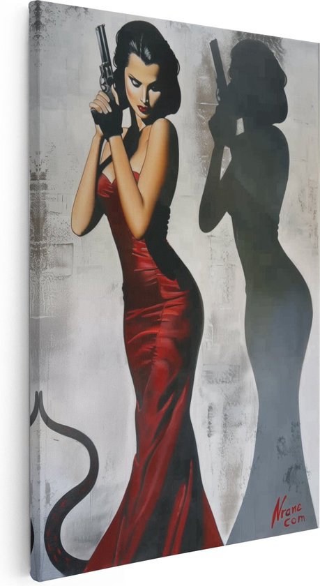 Artaza Canvas Schilderij Vrouw in een Rode Jurk met een Pistool - 20x30 - Klein - Foto Op Canvas - Canvas Print