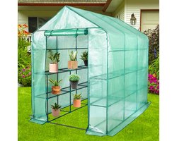 Lendo Online Tuinkas met 3 etages en PE waterdichte hoes 143x213x196cm staal groen - Broeikas met stalen plantenhouders- Kas - Serre - Kweekkas - Foliekas - Groentekas - Tomatenkas