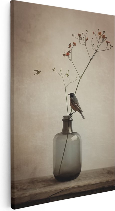 Artaza Canvas Schilderij Vogel Zat op een Vaas met Bloemen - Foto Op Canvas - Canvas Print