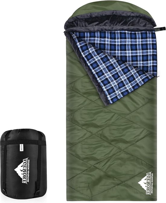 Katoenen flanellen slaapzak met fleece gevoerde capuchon voor volwassenen - XL formaat voor koud weer - 3-4 seizoenen - Ideaal voor kamperen en backpacken met compressiezak Slaapzak voor camping
