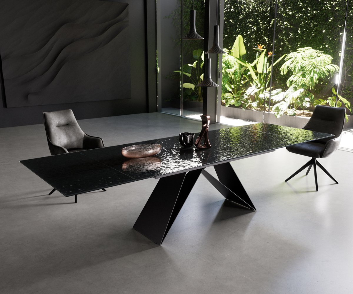 Eetkamertafel Edge Glas smelten rokerig zwart 3D-Relief 200-300x100 V-frame vlak staal zwa