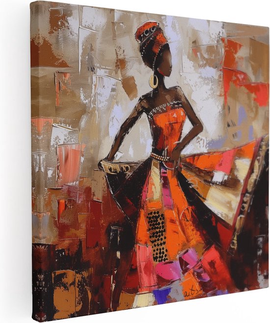 Artaza Canvas Schilderij Afrikaanse Vrouw in een Oranje Jurk - 90x90 - Groot - Foto Op Canvas - Canvas Print