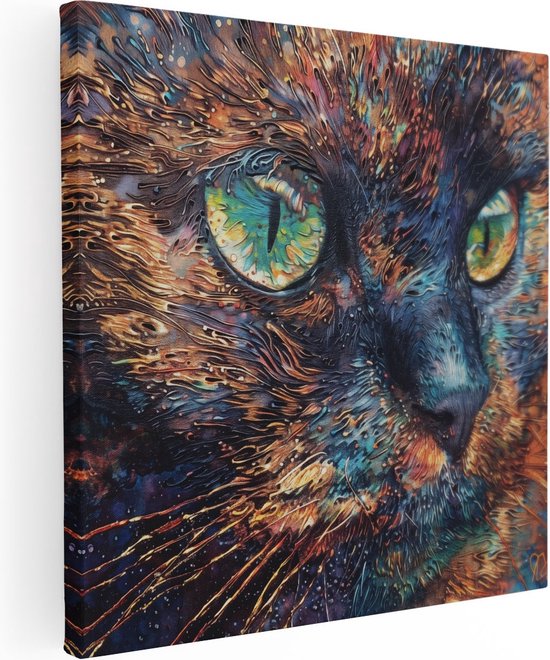 Artaza Canvas Schilderij Kunstwerk van een Kat met Groene Ogen - 90x90 - Groot - Foto Op Canvas - Canvas Print
