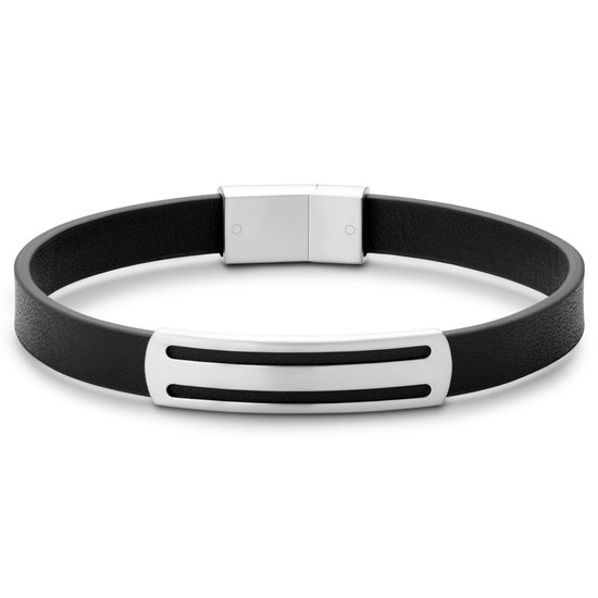 Nomen | Bracelet en cuir noir avec plaque d'identification rayée en métal argenté