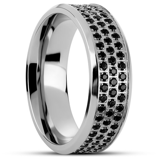 Hyperan | 8 Zilverkleurige Titanium Ring met Zwarte Zirkonia's