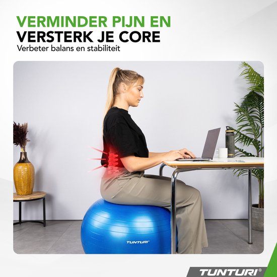 Tunturi Anti Burst Fitness bal met Pomp - Yoga bal 65 cm - Pilates bal - Zwangerschapsbal – 220 kg gebruikersgewicht - Incl Trainingsapp – Blauw