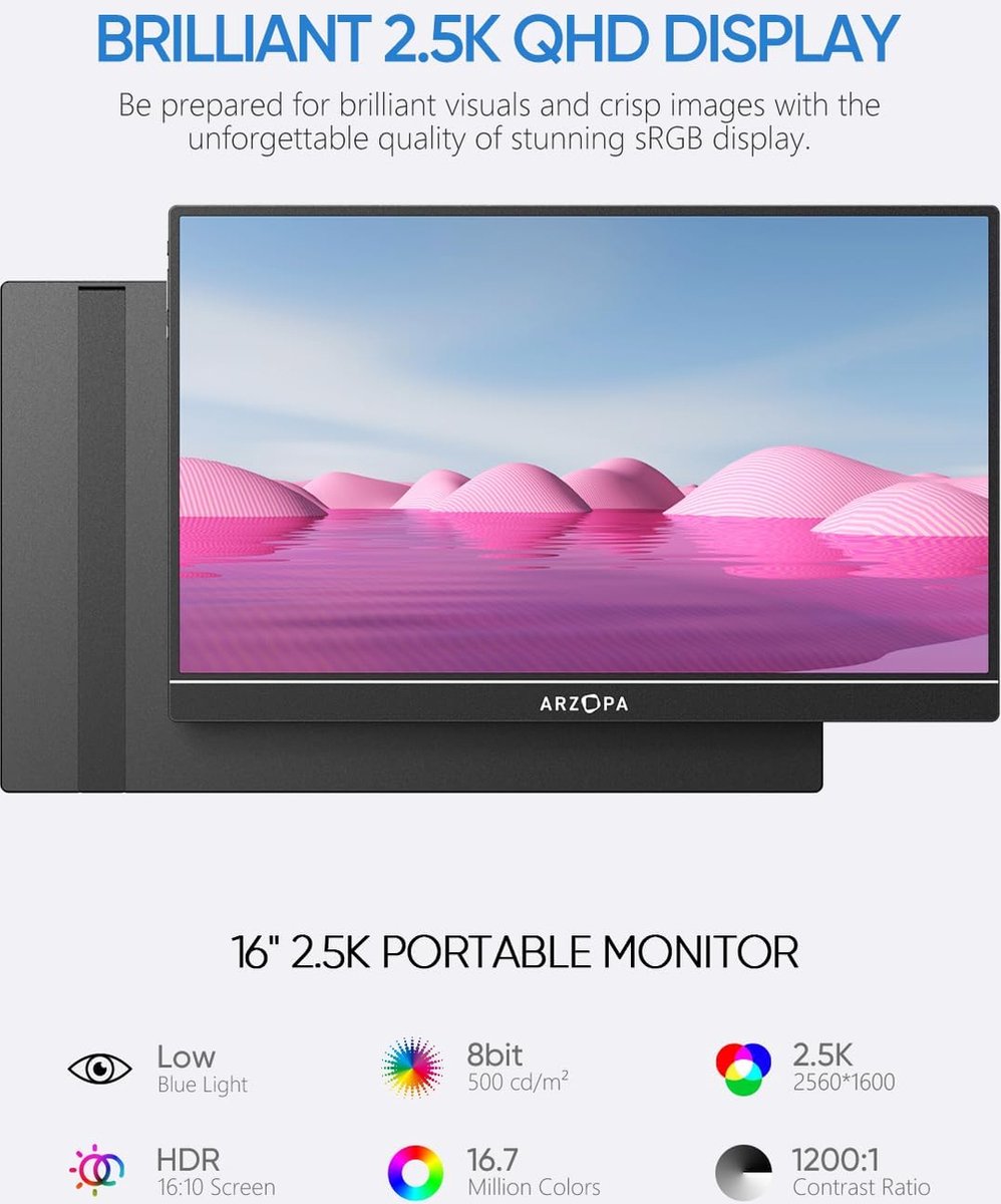 Arzopa Z1RC 2.5K Portable QHD Monitor 16 inch 2560x1600 16:10 USB-C HDMI 100% sRGB Kleurecht - Afbeelding 2