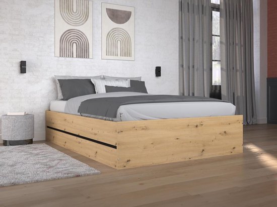 Bed met opbergruimte 140 x 190 cm - Kleur: houtlook en zwart - LUDARO L 148.3 cm x H 39.8 cm x D 199.8 cm