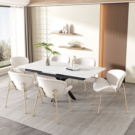Sweiko Fluwelen eetkamerstoel, 6-delige set, luxe, woonkamer, slaapkamer, met vier goudkleurige metalen poten, beige
