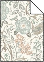 Proefstaal ESTAhome behangpapier bloemen en vogels in art nouveau stijl vergrijsd groen, bruin en perzik roze - 139294 - 26,5 x 21 cm