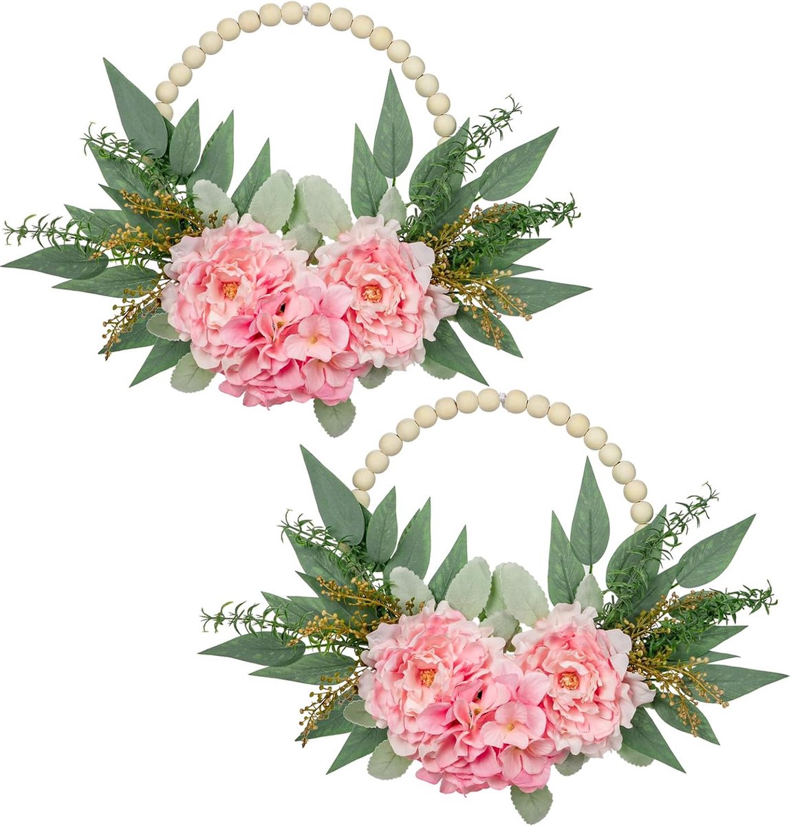 Set van 2 deurkrans, kunsthortensia, pioenroos, bloemen, houten ring, moderne decoratie, bloemenkrans, wandkrans, lentekrans voor bruiloft, woonkamer, wanddecoratie, lente, raamdecoratie, roze